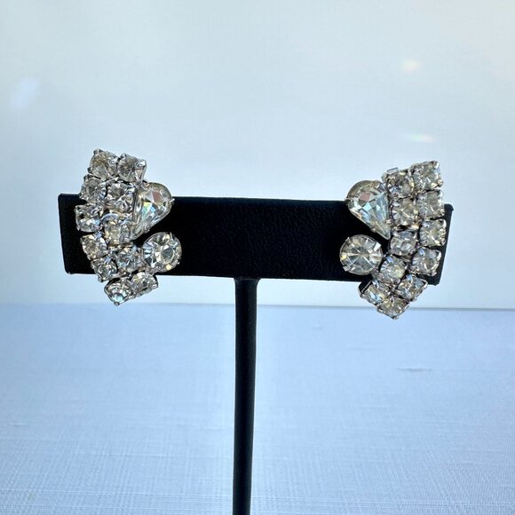 Vintage Rhinestone Clip-On Earrings Silver Tone 1" - Picture 10 of 13